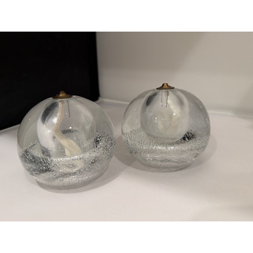 Vintage Pair Controlled Bubble Art Glass Oil Lamps Clear Hand Blown Orb Wicks
